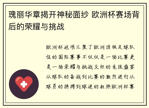 瑰丽华章揭开神秘面纱 欧洲杯赛场背后的荣耀与挑战