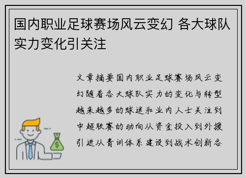 国内职业足球赛场风云变幻 各大球队实力变化引关注