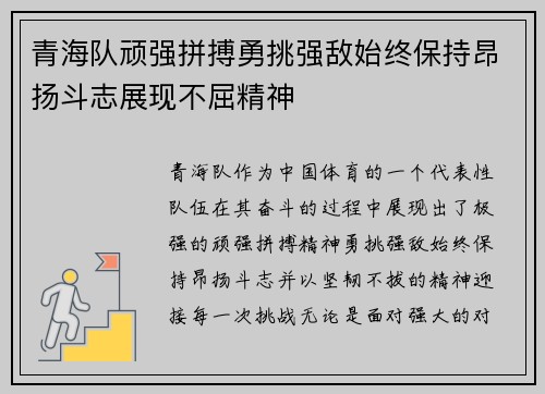 青海队顽强拼搏勇挑强敌始终保持昂扬斗志展现不屈精神