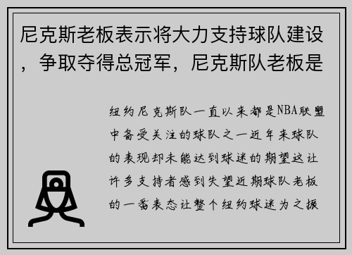 尼克斯老板表示将大力支持球队建设，争取夺得总冠军，尼克斯队老板是谁