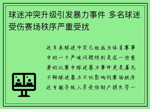 球迷冲突升级引发暴力事件 多名球迷受伤赛场秩序严重受扰